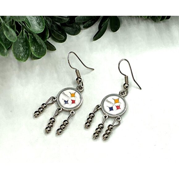 Pittsburgh Steelers Logo Dangle Earrings With Beaded Accents - Picture 2 of 7